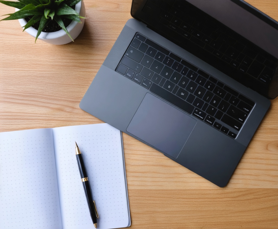 Pohľad na stôl s notebookom a perom symbolizujúci prípravu stratégie
