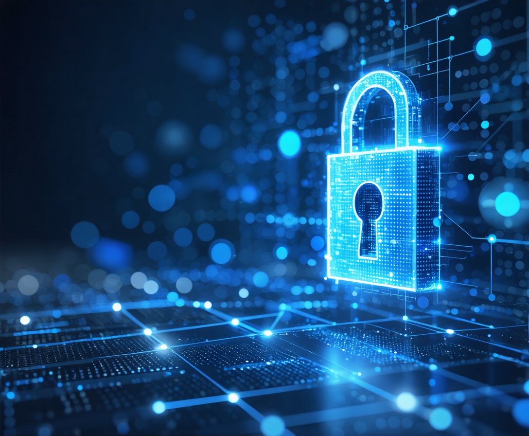 Abstraktné digitálne zobrazenie bezpečnosti dát so svetelnými efektmi