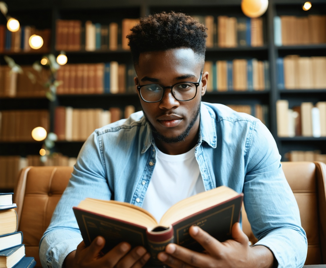 Mladý podnikateľ sa vzdeláva čítaním odbornej literatúry