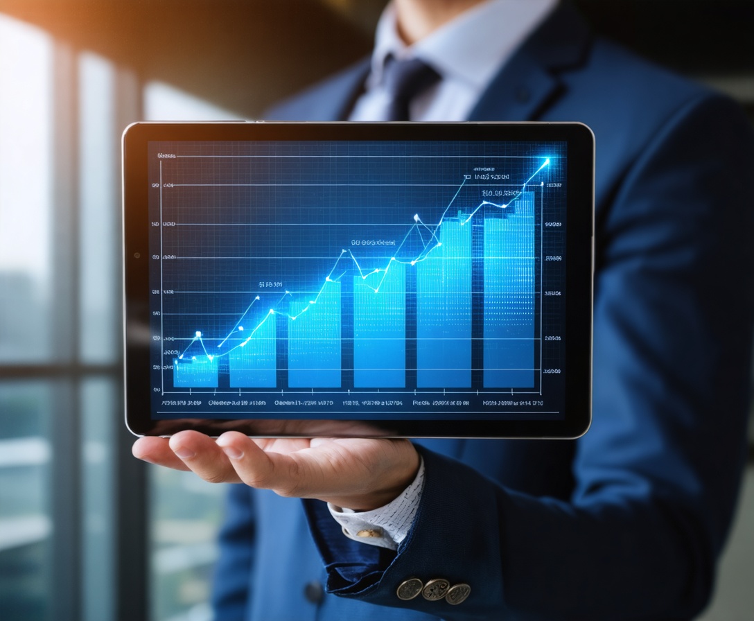 Tablet so stúpajúcim finančným grafom